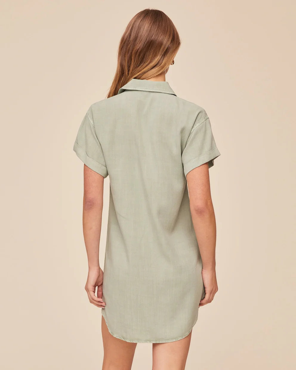 ROLL SLEEVE POCKET SHIRT DRESS - OASIS GREEN