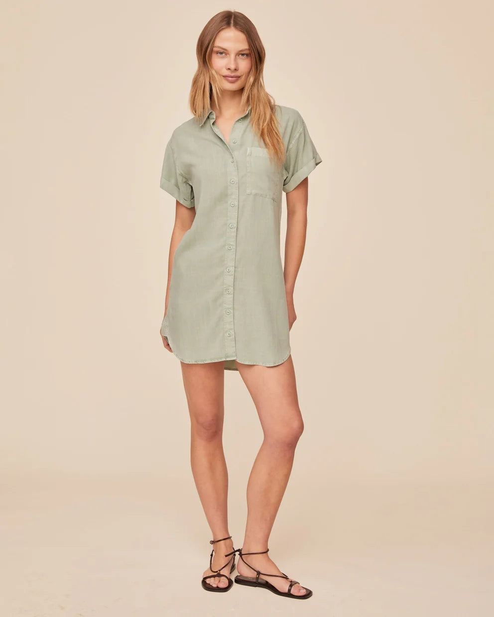 ROLL SLEEVE POCKET SHIRT DRESS - OASIS GREEN