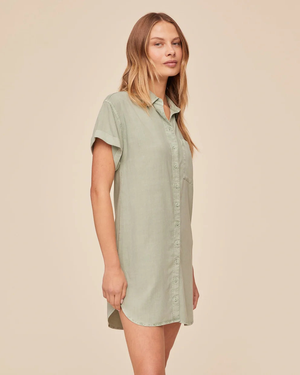 ROLL SLEEVE POCKET SHIRT DRESS - OASIS GREEN