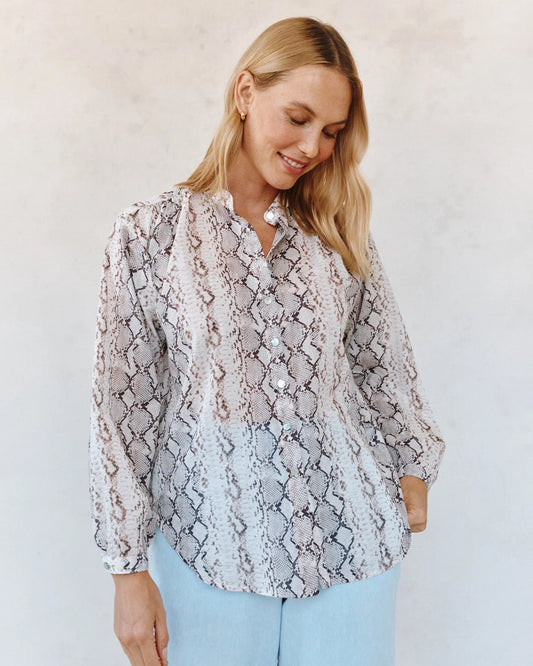 SHIRRED MANDARIN COLLAR SHIRT - BLUSH SNAKE PRINT