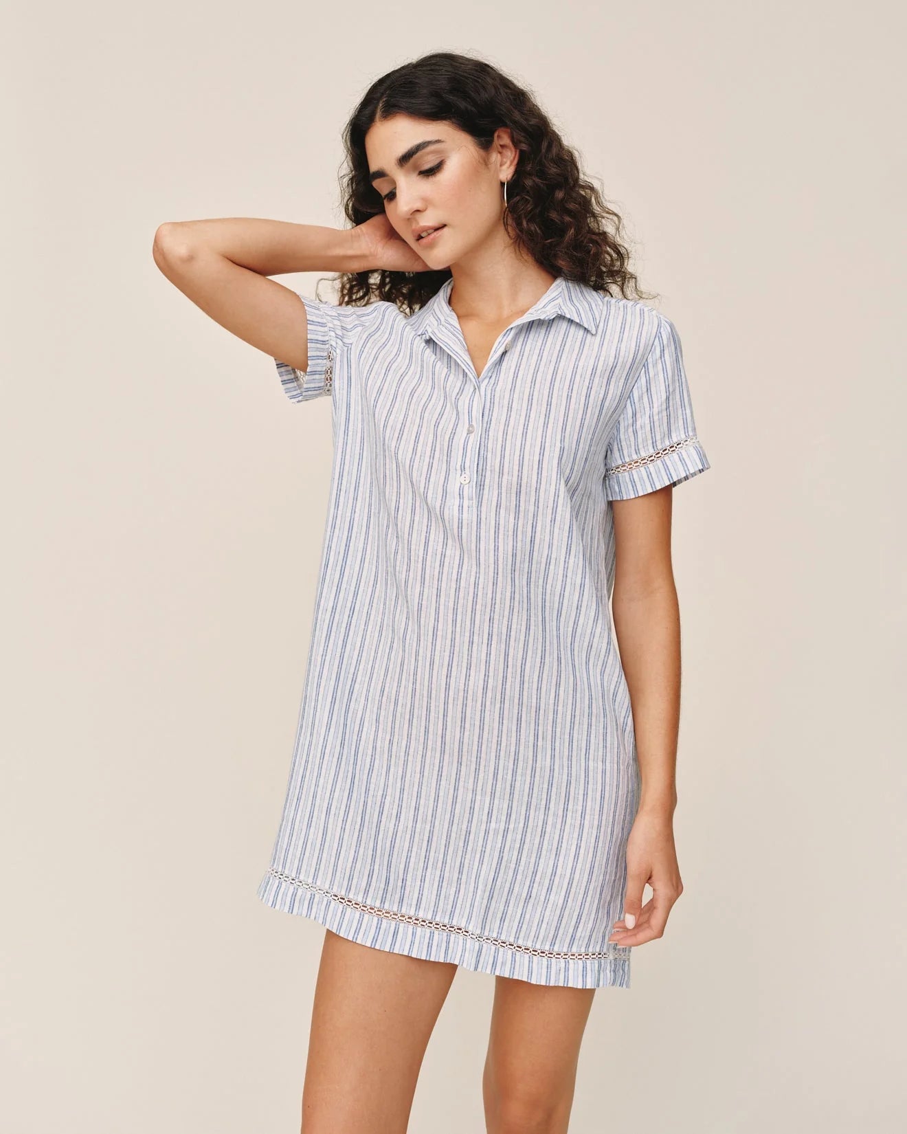 SHORT SLEEVE PULLOVER SHIRT DRESS - OCEAN BLUE STRIPE