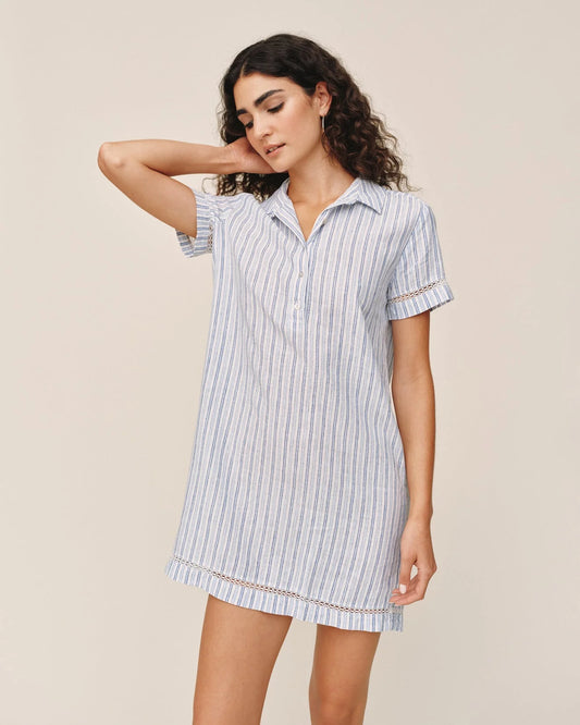 SHORT SLEEVE PULLOVER SHIRT DRESS - OCEAN BLUE STRIPE