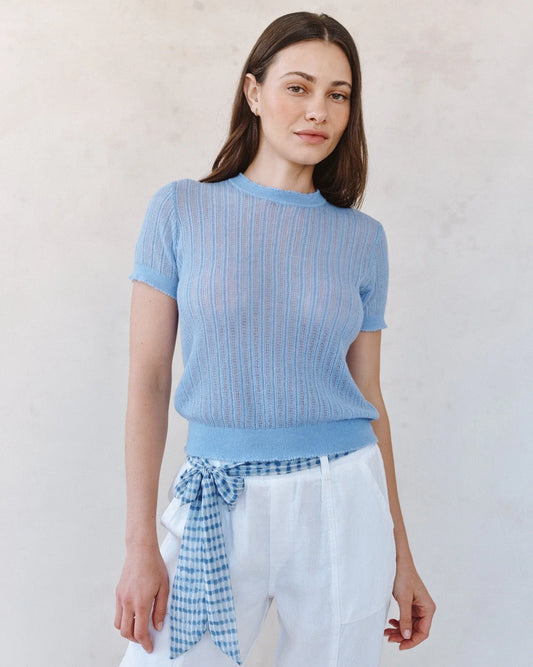 SHORT SLEEVE SWEATER TOP - SOFT BLUE