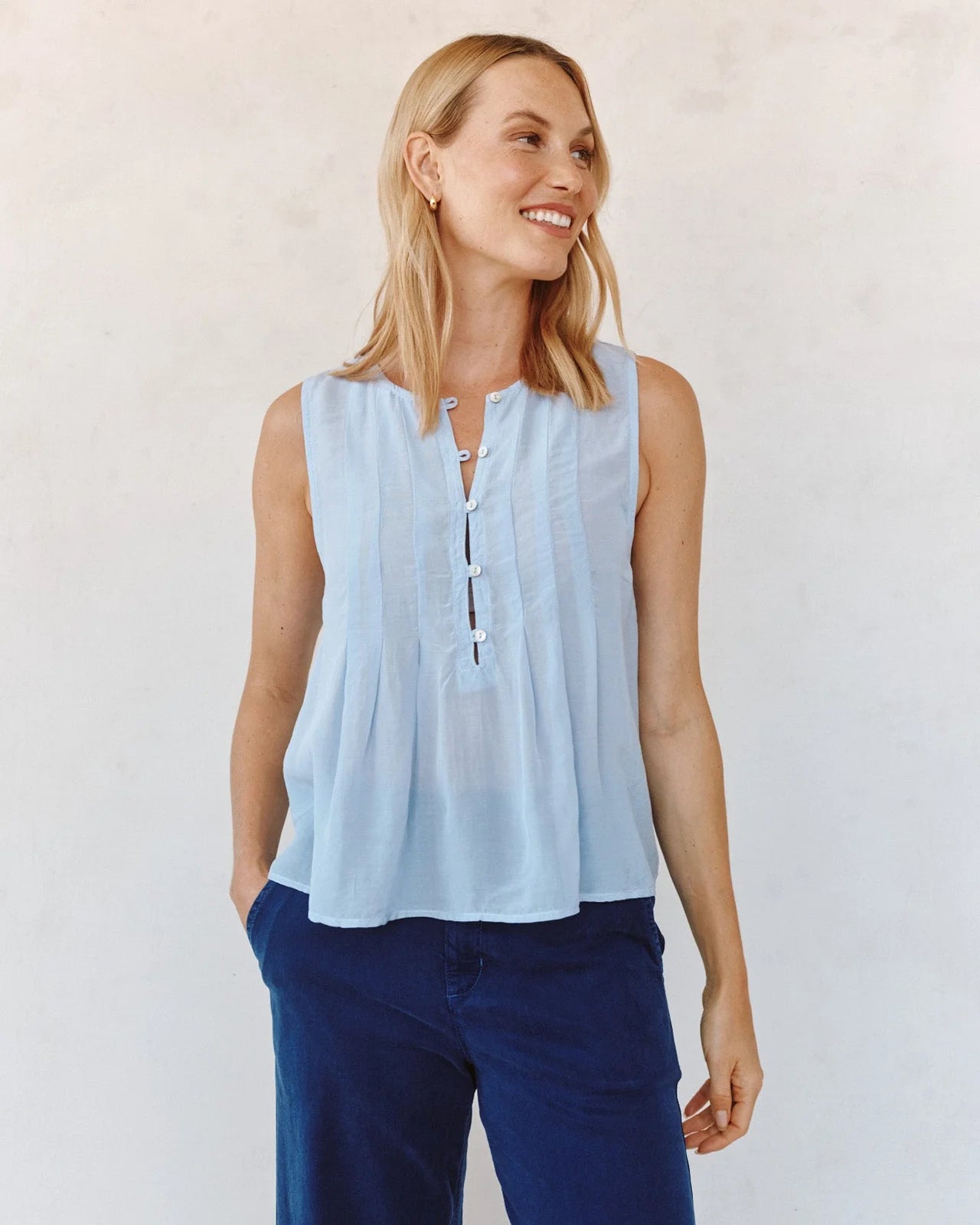 SLEEVELESS PINTUCK PULLOVER - SOFT SKY