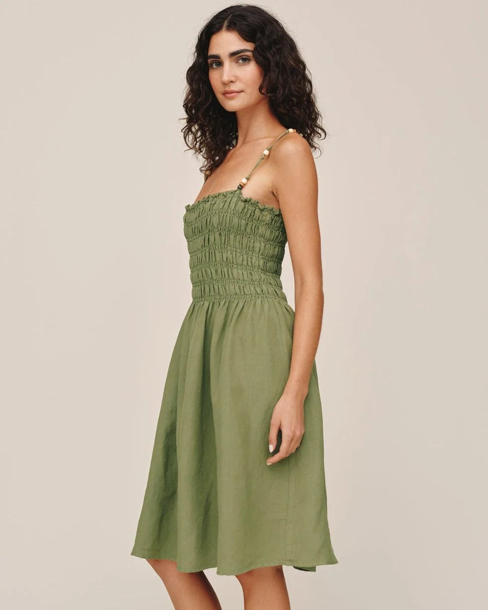 SMOCKED DRESS WITH BEADED STRAPS - OLIVE LEAF