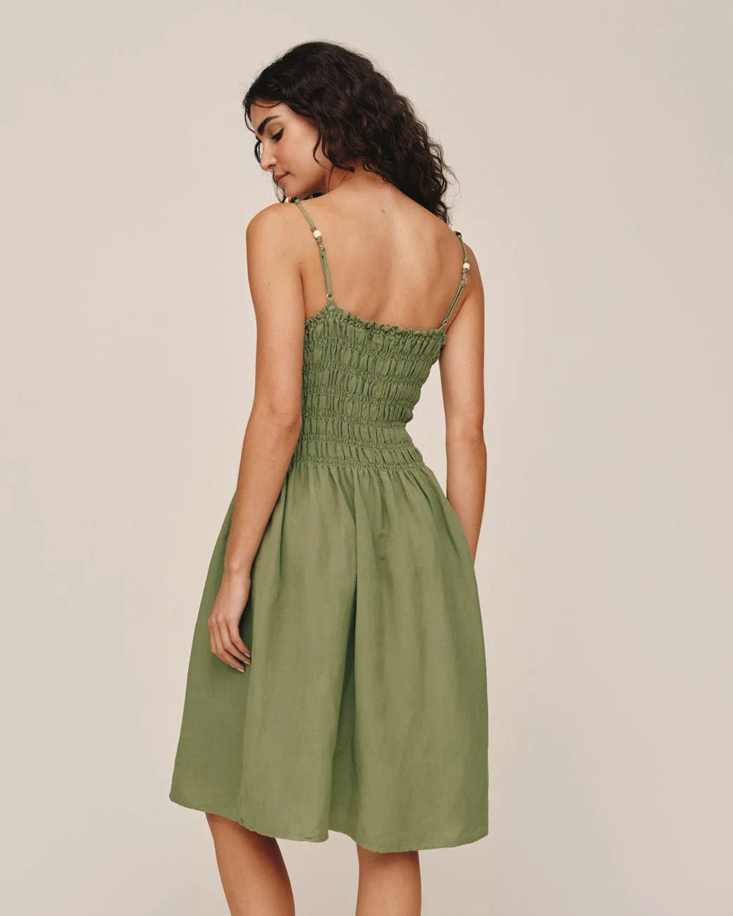 SMOCKED DRESS WITH BEADED STRAPS - OLIVE LEAF