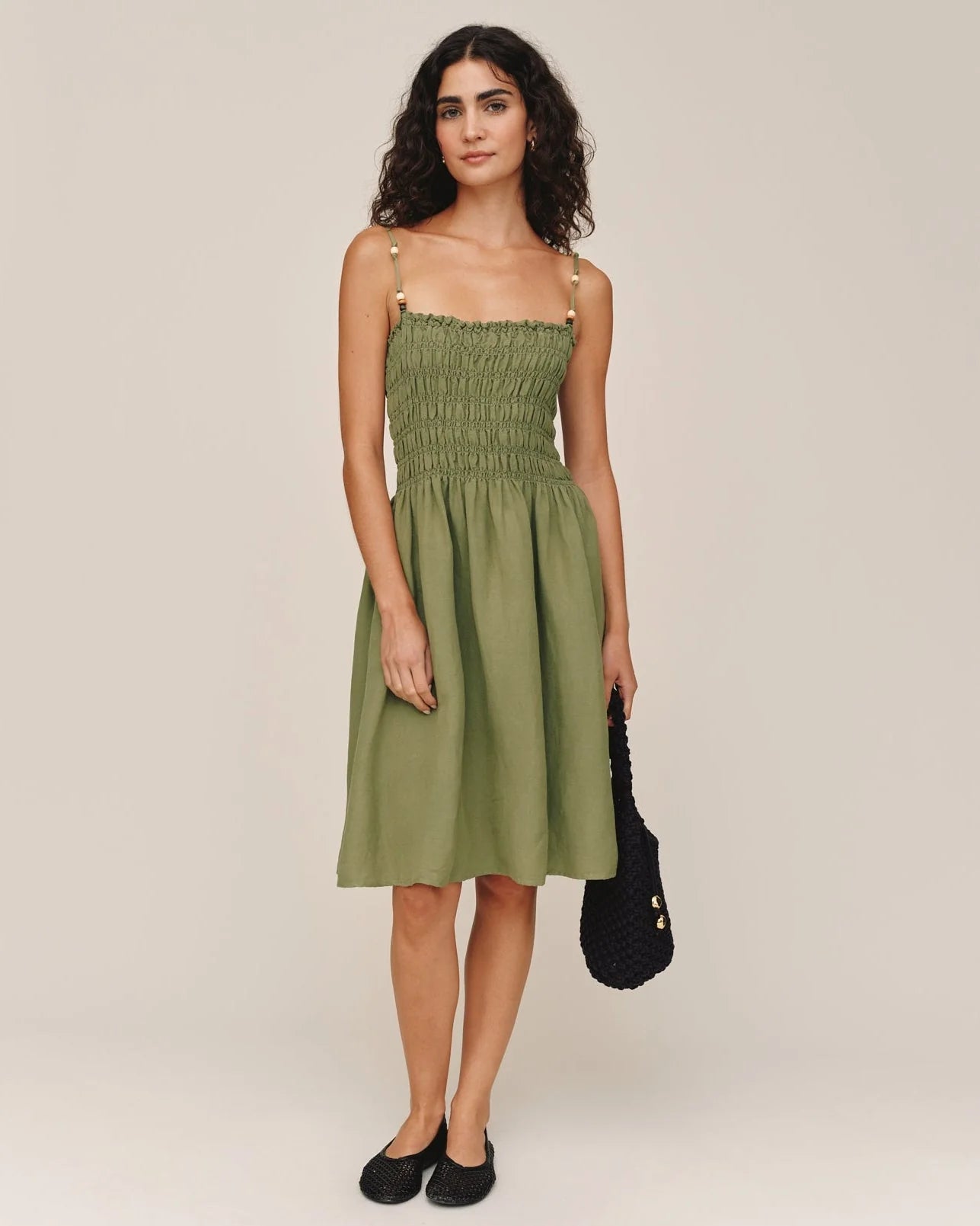 SMOCKED DRESS WITH BEADED STRAPS - OLIVE LEAF