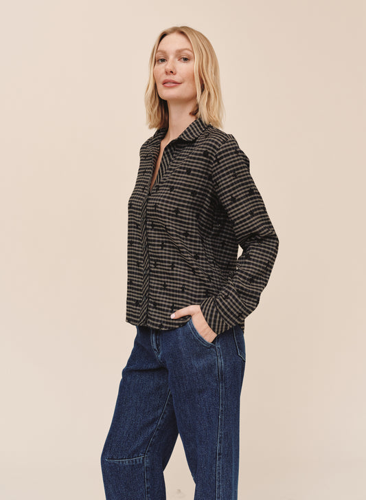 LONG SLEEVE CLEAN BUTTON DOWN SHIRT - BLACK/OLIVE GINGHAM