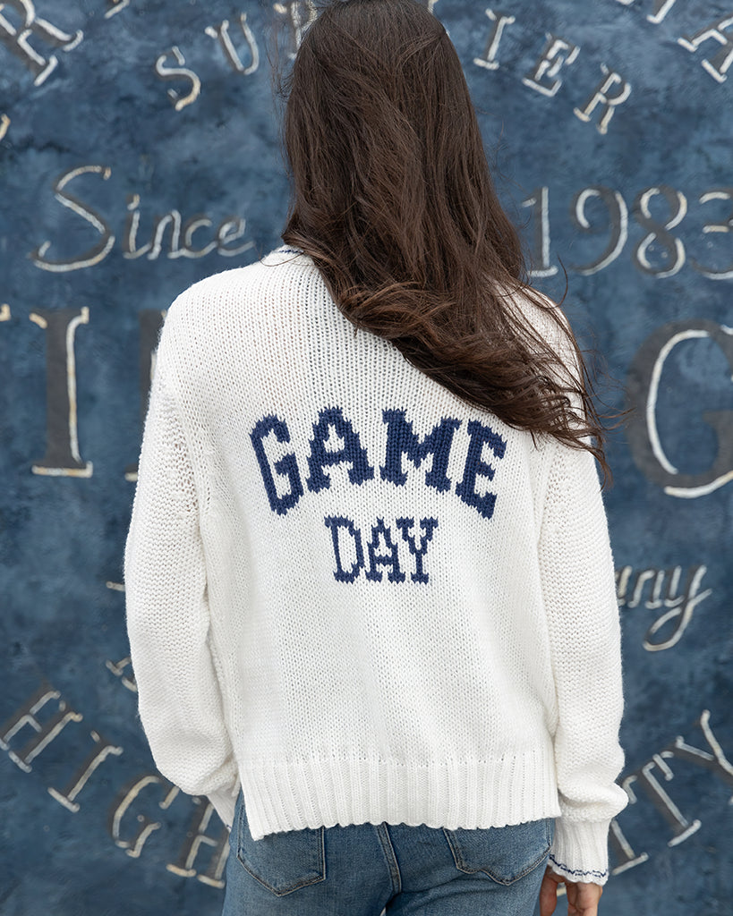 GAME DAY BACK ZIP CARDI CHUNKY - PURE SNOW/HIGHLINE BLUE