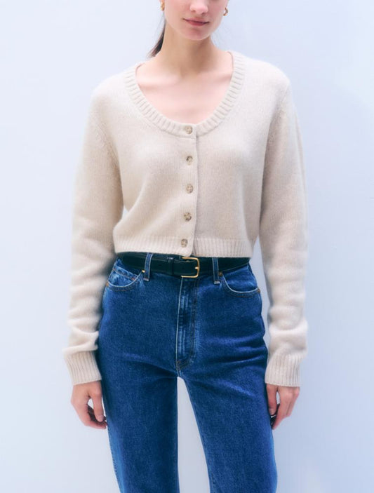 CASHMERE SCOOP CROPPED CARDIGAN - NATURAL HEATHER